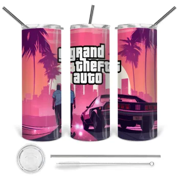 GTA (grand theft auto), Tumbler ποτήρι θερμό από ανοξείδωτο ατσάλι 600ml, με μεταλλικό καλαμάκι & βούρτσα καθαρισμού