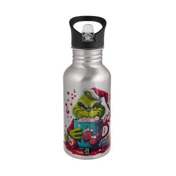 Giggling Grinchy Galore, Water bottle Silver with straw, stainless steel 500ml