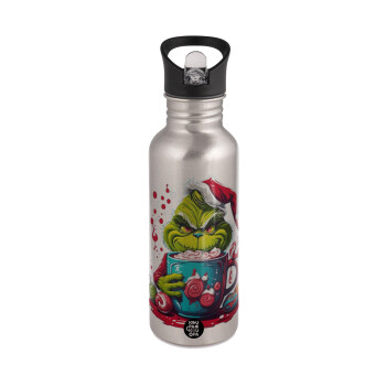 Giggling Grinchy Galore, Water bottle Silver with straw, stainless steel 600ml