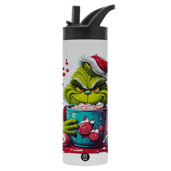 Giggling Grinchy Galore, Metallic thermos bottle with straw & handle, stainless steel (Stainless steel 304), double-walled, 600ml.