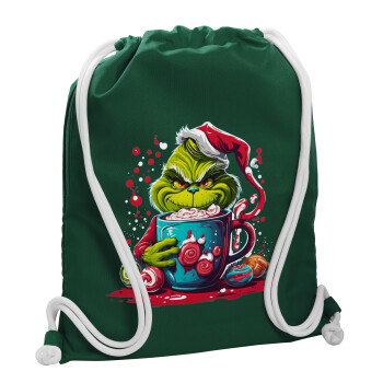 Giggling Grinchy Galore, Backpack pouch GYMBAG BOTTLE GREEN, with pocket (40x48cm) & thick white cords