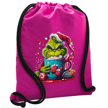 Giggling Grinchy Galore, Τσάντα πλάτης πουγκί GYMBAG Φούξια, με τσέπη (40x48cm) & χονδρά κορδόνια