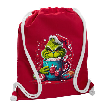 Giggling Grinchy Galore, Τσάντα πλάτης πουγκί GYMBAG Κόκκινη, με τσέπη (40x48cm) & χονδρά κορδόνια
