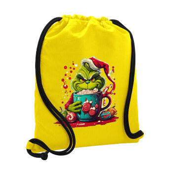 Giggling Grinchy Galore, Τσάντα πλάτης πουγκί GYMBAG Κίτρινη, με τσέπη (40x48cm) & χονδρά κορδόνια