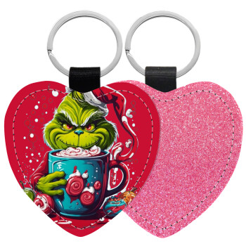 Giggling Grinchy Galore, Μπρελόκ PU δερμάτινο glitter καρδιά ΡΟΖ