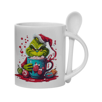 Giggling Grinchy Galore, Ceramic coffee mug with Spoon, 330ml (1pcs)