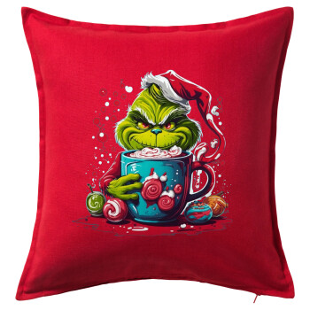Giggling Grinchy Galore, Sofa cushion RED 50x50cm includes filling