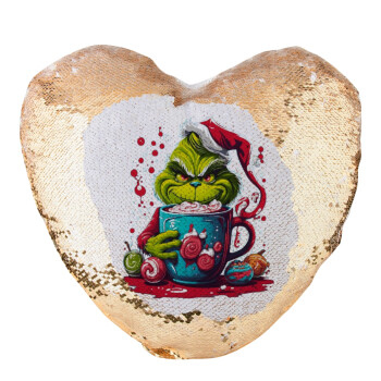 Giggling Grinchy Galore, Μαξιλάρι καναπέ καρδιά Μαγικό Χρυσό με πούλιες 40x40cm περιέχεται το  γέμισμα