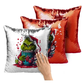 Giggling Grinchy Galore, Μαξιλάρι καναπέ Μαγικό Κόκκινο με πούλιες 40x40cm περιέχεται το γέμισμα