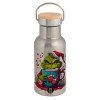 Stainless steel metallic thermos flask, silver with a bamboo lid, double-walled, 350ml.