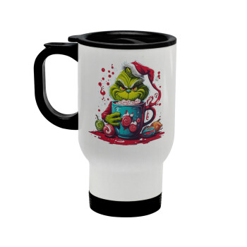 Giggling Grinchy Galore, Stainless steel travel mug with lid, double wall white 450ml