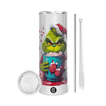 Giggling Grinchy Galore, Tumbler ποτήρι θερμό από ανοξείδωτο ατσάλι 600ml, με μεταλλικό καλαμάκι & βούρτσα καθαρισμού