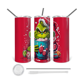 Giggling Grinchy Galore, Tumbler ποτήρι θερμό από ανοξείδωτο ατσάλι 600ml, με μεταλλικό καλαμάκι & βούρτσα καθαρισμού