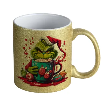 Giggling Grinchy Galore, Κούπα Χρυσή Glitter που γυαλίζει, κεραμική, 330ml