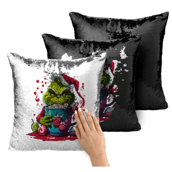 Giggling Grinchy Galore, Μαξιλάρι καναπέ Μαγικό Μαύρο με πούλιες 40x40cm περιέχεται το γέμισμα