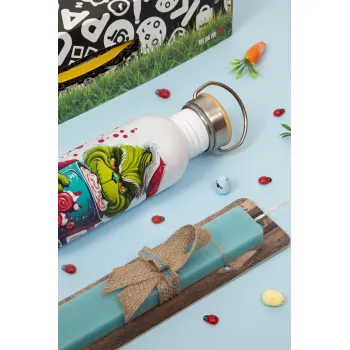 Giggling Grinchy Galore, Πασχαλινή Λαμπάδα με παγούρι μεταλλικό (620ml, stainless steel) & κερί αρωματικό πλακέ (30cm) (ΤΙΡΚΟΥΑΖ)