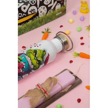 Giggling Grinchy Galore, Πασχαλινή Λαμπάδα με παγούρι μεταλλικό (620ml, stainless steel) & κερί αρωματικό πλακέ (30cm) (ΡΟΖ)