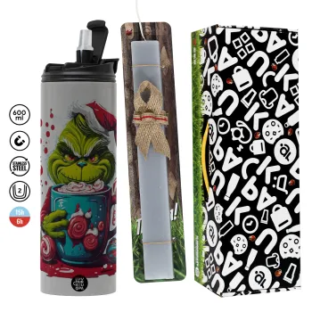 Giggling Grinchy Galore, Πασχαλινή Λαμπάδα με Travel Tumbler θερμό (600ml, BPA free) & κερί αρωματικό πλακέ (30cm) (ΓΚΡΙ)