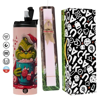 Giggling Grinchy Galore, Πασχαλινή Λαμπάδα με  ΡΟΖ Travel Tumbler θερμό (600ml, BPA free) & κερί αρωματικό πλακέ (30cm) (ΡΟΖ)