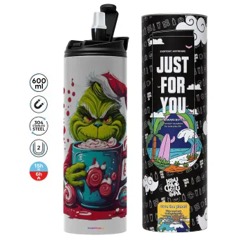 Giggling Grinchy Galore, Tumbler ποτήρι θερμό ΓΚΡΙ από ανοξείδωτο ατσάλι 600ml