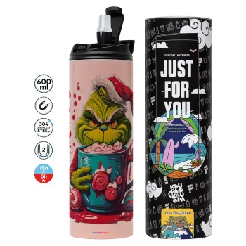 Giggling Grinchy Galore, Tumbler ποτήρι θερμό ΡΟΖ από ανοξείδωτο ατσάλι 600ml