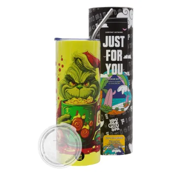 Giggling Grinchy Galore, Neon Yellow Travel Tumbler θερμό, μεταλλικό καλαμάκι(Ανωξείδωτο 304 Food grade, BPA free, 600ml)