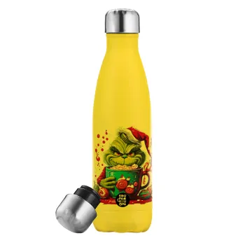 Giggling Grinchy Galore, Yellow Stainless Steel Metallic Thermos, double-walled, 500ml