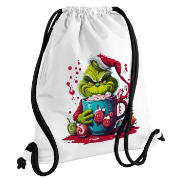 Giggling Grinchy Galore, Τσάντα πλάτης πουγκί GYMBAG λευκή, με τσέπη (40x48cm) & χονδρά κορδόνια