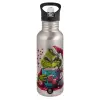 Water bottle Silver with straw, stainless steel 600ml