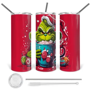 Giggling Grinchy Galore, Tumbler ποτήρι θερμό από ανοξείδωτο ατσάλι 600ml, με μεταλλικό καλαμάκι & βούρτσα καθαρισμού