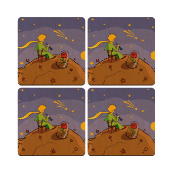 Ο μικρός πρίγκιπας planet, ΣΕΤ x4 Σουβέρ ξύλινα τετράγωνα plywood (9cm)