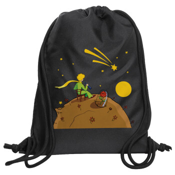 The Little prince planet, Τσάντα πλάτης πουγκί GYMBAG Μαύρη, με τσέπη (40x48cm) & χονδρά κορδόνια