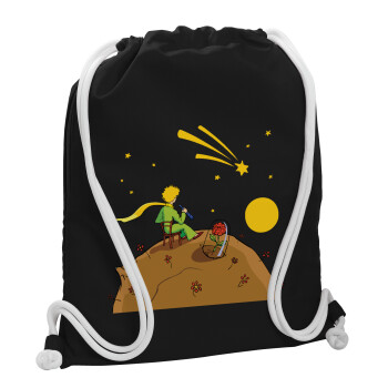 The Little prince planet, Τσάντα πλάτης πουγκί GYMBAG Μαύρη, με τσέπη (40x48cm) & χονδρά λευκά κορδόνια