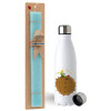 Easter Set, metallic stainless steel water bottle (750ml) & aromatic flat Easter candle (30cm) (TURQUOISE)