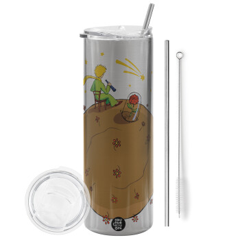 The Little prince planet, Eco friendly stainless steel Silver tumbler 600ml, with metal straw & cleaning brush