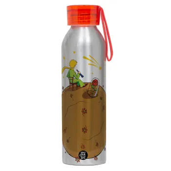 Ο μικρός πρίγκιπας planet, Αλουμινένιο Αθλητικό Μπουκάλι 650ml – Ασημί με Κόκκινο Καπάκι και Λουράκι Σιλικόνης