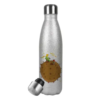 Ο μικρός πρίγκιπας planet, Μεταλλικό παγούρι θερμός Glitter Aσημένιο (Stainless steel), διπλού τοιχώματος, 500ml