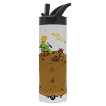 Ο μικρός πρίγκιπας planet, Μεταλλικό παγούρι θερμός με καλαμάκι & χειρολαβή, ανοξείδωτο ατσάλι (Stainless steel 304), διπλού τοιχώματος, 600ml