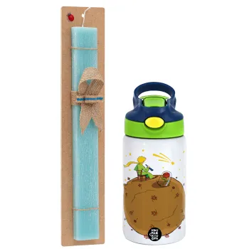 The Little prince planet, Easter Set, Children's thermal stainless steel bottle with safety straw, green/blue (350ml) & aromatic flat Easter candle (30cm) (TURQUOISE)