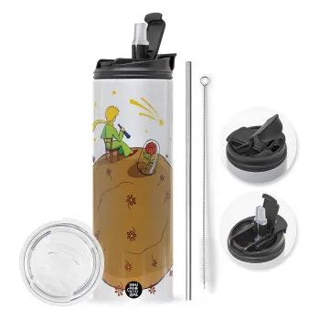 The Little prince planet, Travel Tumbler 2 Lids, with metal straw & cleaning brush (Stainless steel 304 Food grade, BPA free, 600ml)