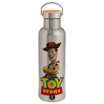 Woody cowboy, Stainless steel Silver with wooden lid (bamboo), double wall, 750ml