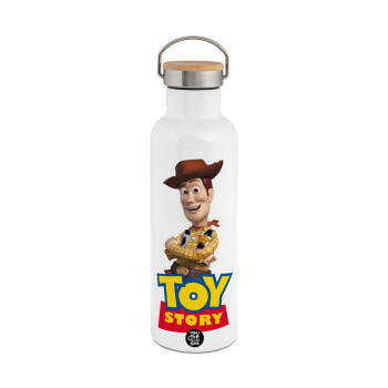 Woody cowboy, Stainless steel White with wooden lid (bamboo), double wall, 750ml