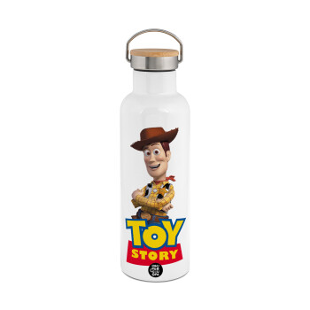 Woody cowboy, Μεταλλικό παγούρι θερμός (Stainless steel) Λευκό με ξύλινο καπάκι (bamboo), διπλού τοιχώματος, 750ml