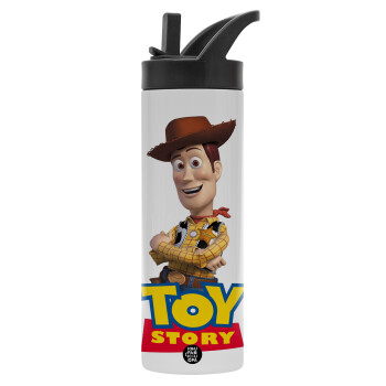 Woody cowboy, Μεταλλικό παγούρι θερμός με καλαμάκι & χειρολαβή, ανοξείδωτο ατσάλι (Stainless steel 304), διπλού τοιχώματος, 600ml