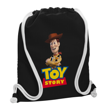 Woody cowboy, Τσάντα πλάτης πουγκί GYMBAG Μαύρη, με τσέπη (40x48cm) & χονδρά λευκά κορδόνια