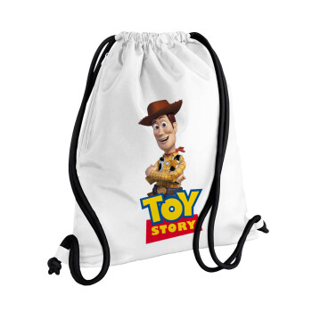 Woody cowboy, Τσάντα πλάτης πουγκί GYMBAG λευκή, με τσέπη (40x48cm) & χονδρά κορδόνια