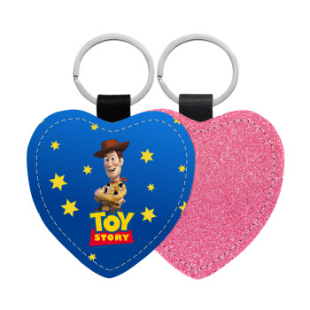 Woody cowboy, Μπρελόκ PU δερμάτινο glitter καρδιά ΡΟΖ