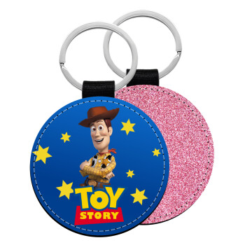 Woody cowboy, Μπρελόκ Δερματίνη, στρογγυλό ΡΟΖ (5cm)