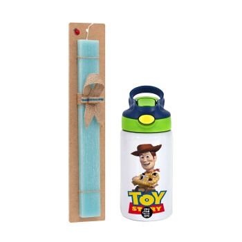 Woody cowboy, Πασχαλινό Σετ, Παιδικό παγούρι θερμό, ανοξείδωτο, με καλαμάκι ασφαλείας, πράσινο/μπλε (350ml) & πασχαλινή λαμπάδα αρωματική πλακέ (30cm) (ΤΙΡΚΟΥΑΖ)