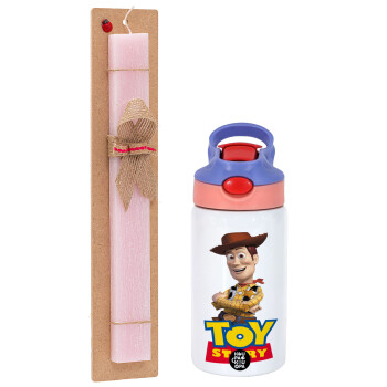 Woody cowboy, Πασχαλινό Σετ, Παιδικό παγούρι θερμό, ανοξείδωτο, με καλαμάκι ασφαλείας, ροζ/μωβ (350ml) & πασχαλινή λαμπάδα αρωματική πλακέ (30cm) (ΡΟΖ)